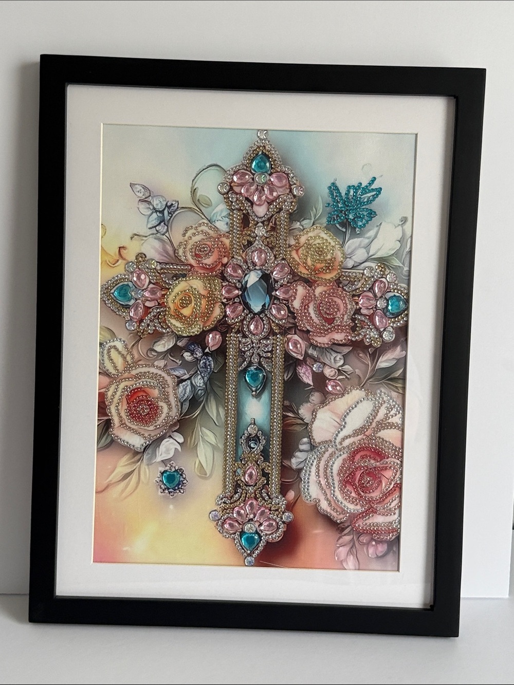 Framed Diamond Painting Cross Floral Rhinestone Religious Wall Art Decor